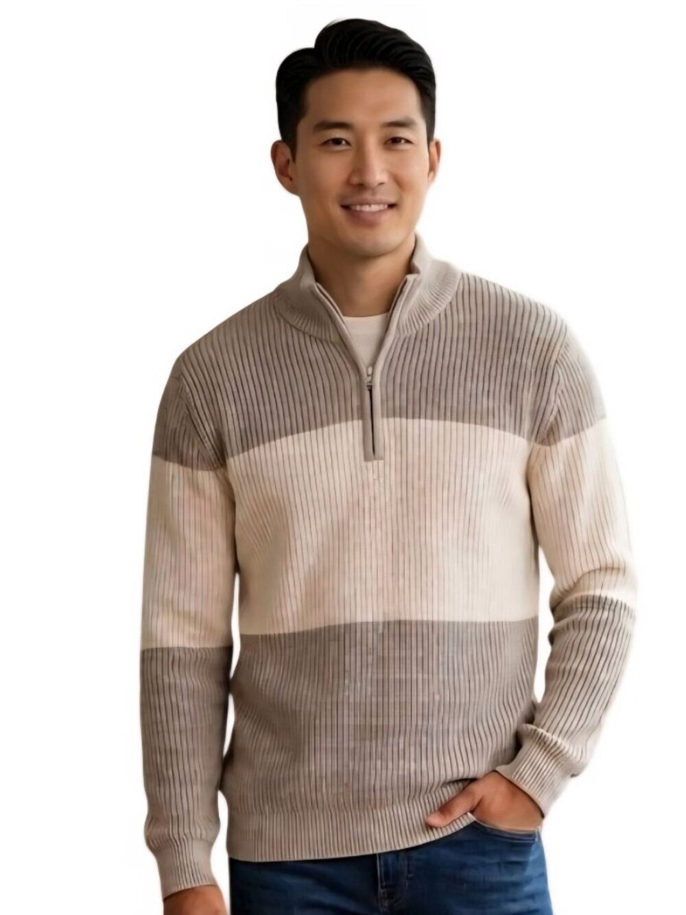 Percival 365 NWOT Neutral Stripe 1/4Zip Pullover Mock Neck Sweater Size L